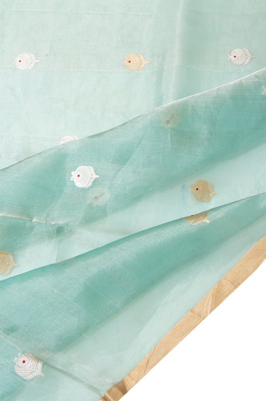 Sea Blue Organza Tissue Silk Saree with Piping Border