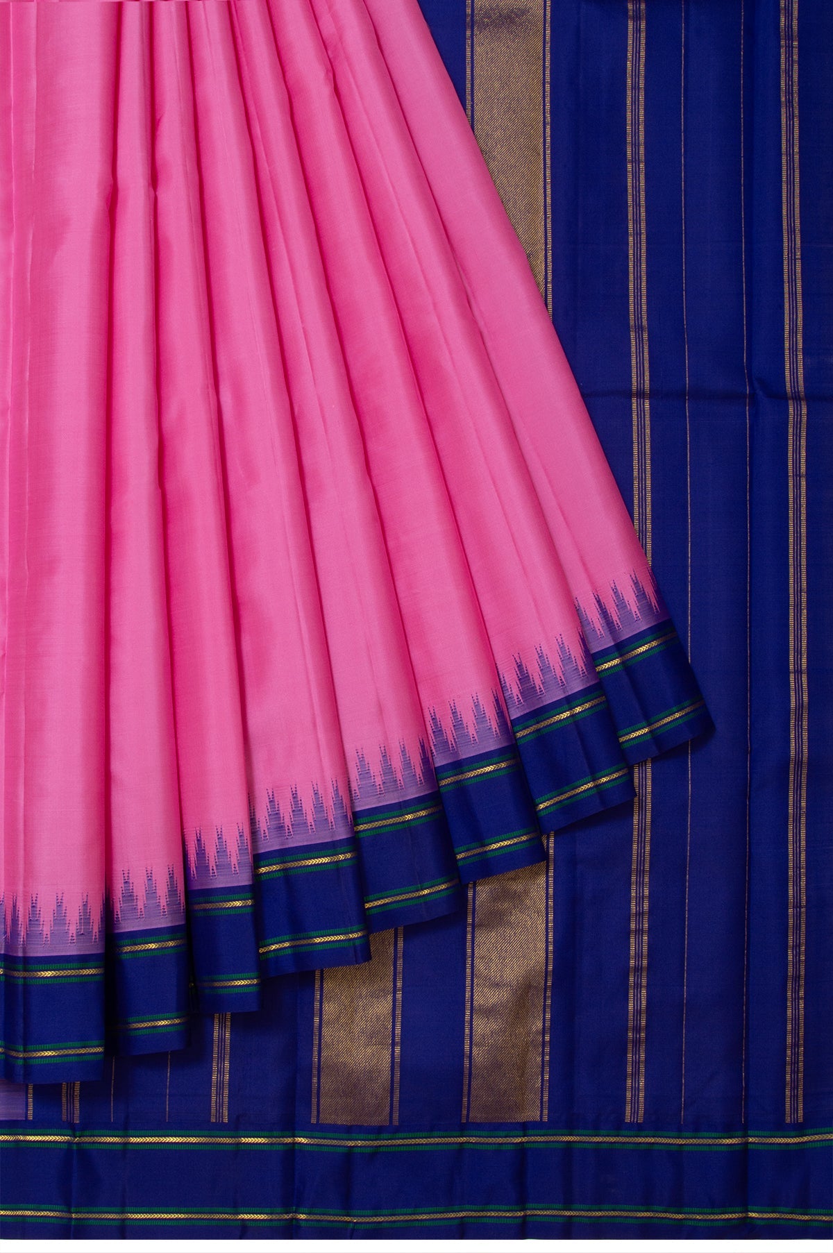 Plain Pink Kanchipuram Silk Saree with Blue Border