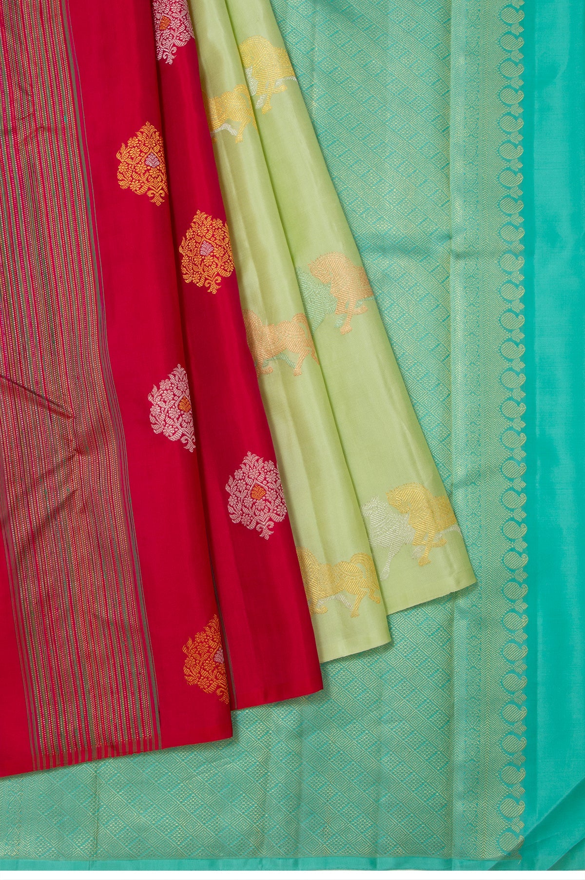 Pista Green Kanchipuram Silk Saree with Horse and Flower Motifs