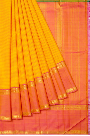 Mustard Kanchipuram Silk Saree with Pink Checks