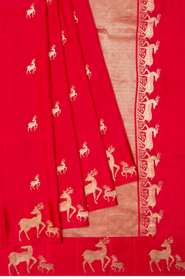 Red Banaras Katan Silk Saree with Maan Motifs