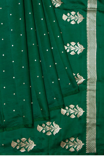 Green Borderless Banaras Katan Silk Saree with Dot Butta