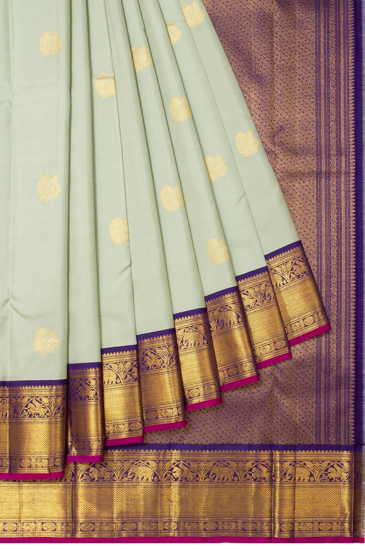 Pista Green Kanchipuram Silk Saree with Kuttu Border and Leaf Butta