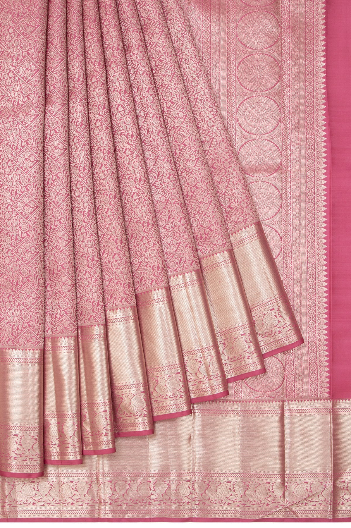 Onion Pink Kanchipuram Silk Saree with Silver Zari Work