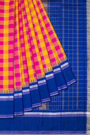 Multi Colour Chequered Kanchipuram Silk Saree with Gold Zari Design