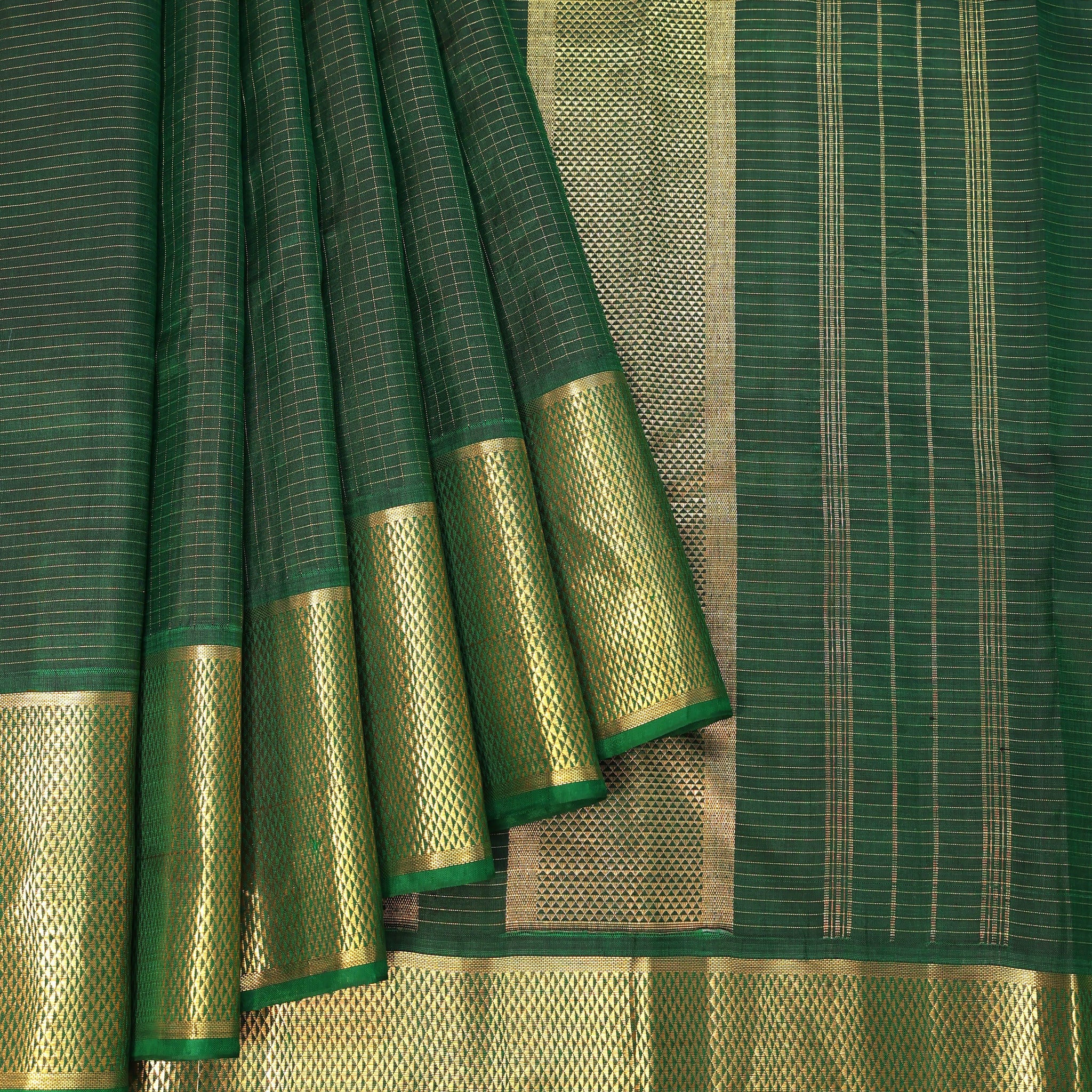 Green Kanchipuram Silk Saree with Gold Zari Chequered Border