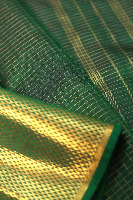 Green Kanchipuram Silk Saree with Gold Zari Chequered Border