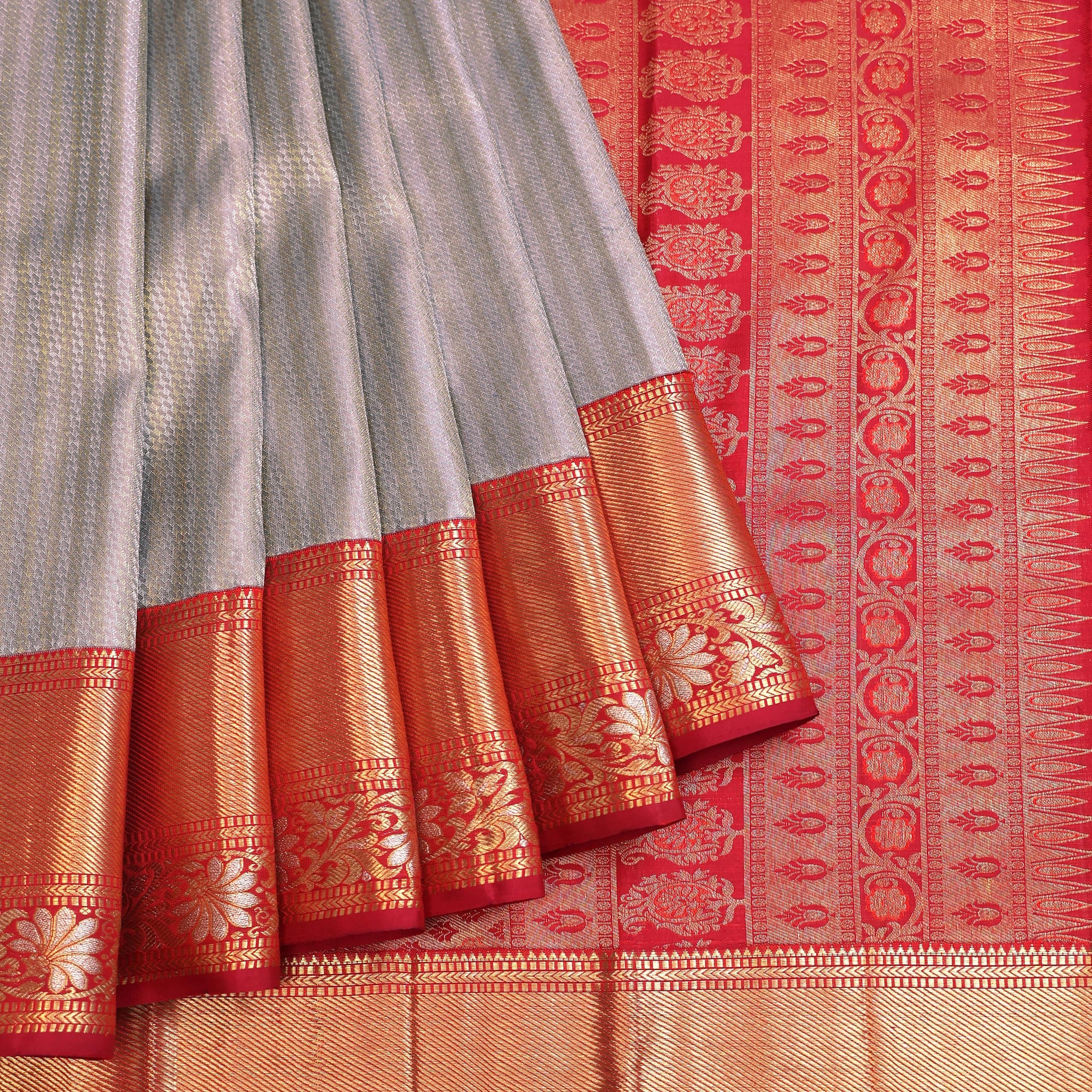 Grey Kanchipuram Silk Saree with Red Border