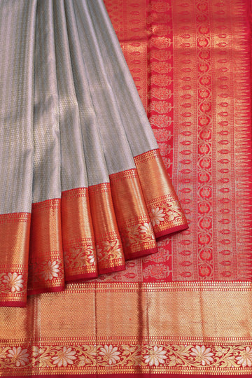 Grey Kanchipuram Silk Saree with Red Border