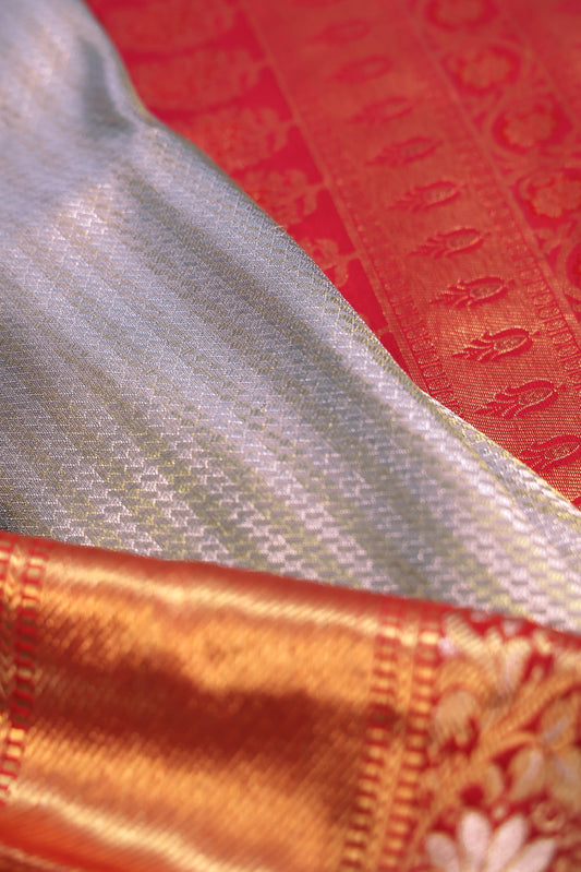 Grey Kanchipuram Silk Saree with Red Border