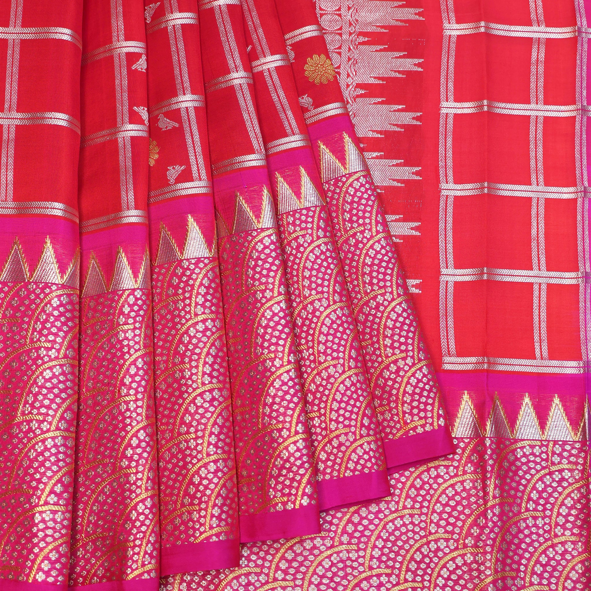 Red Kanchipuram Silk Saree with Silver Zari Checks