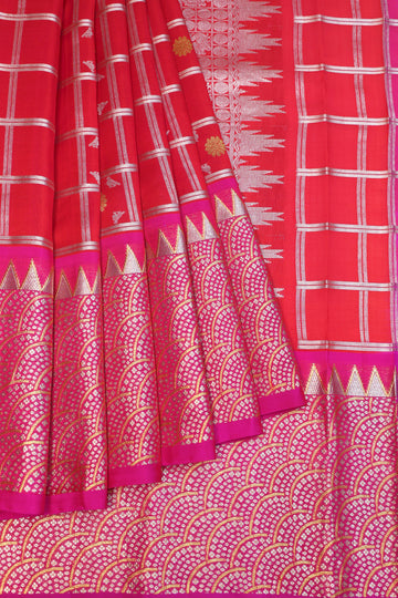 Red Kanchipuram Silk Saree with Silver Zari Checks