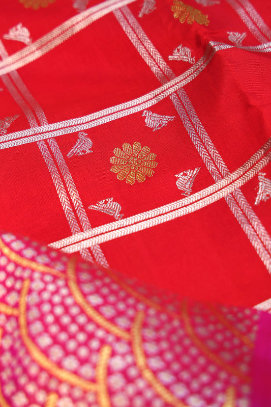 Red Kanchipuram Silk Saree with Silver Zari Checks