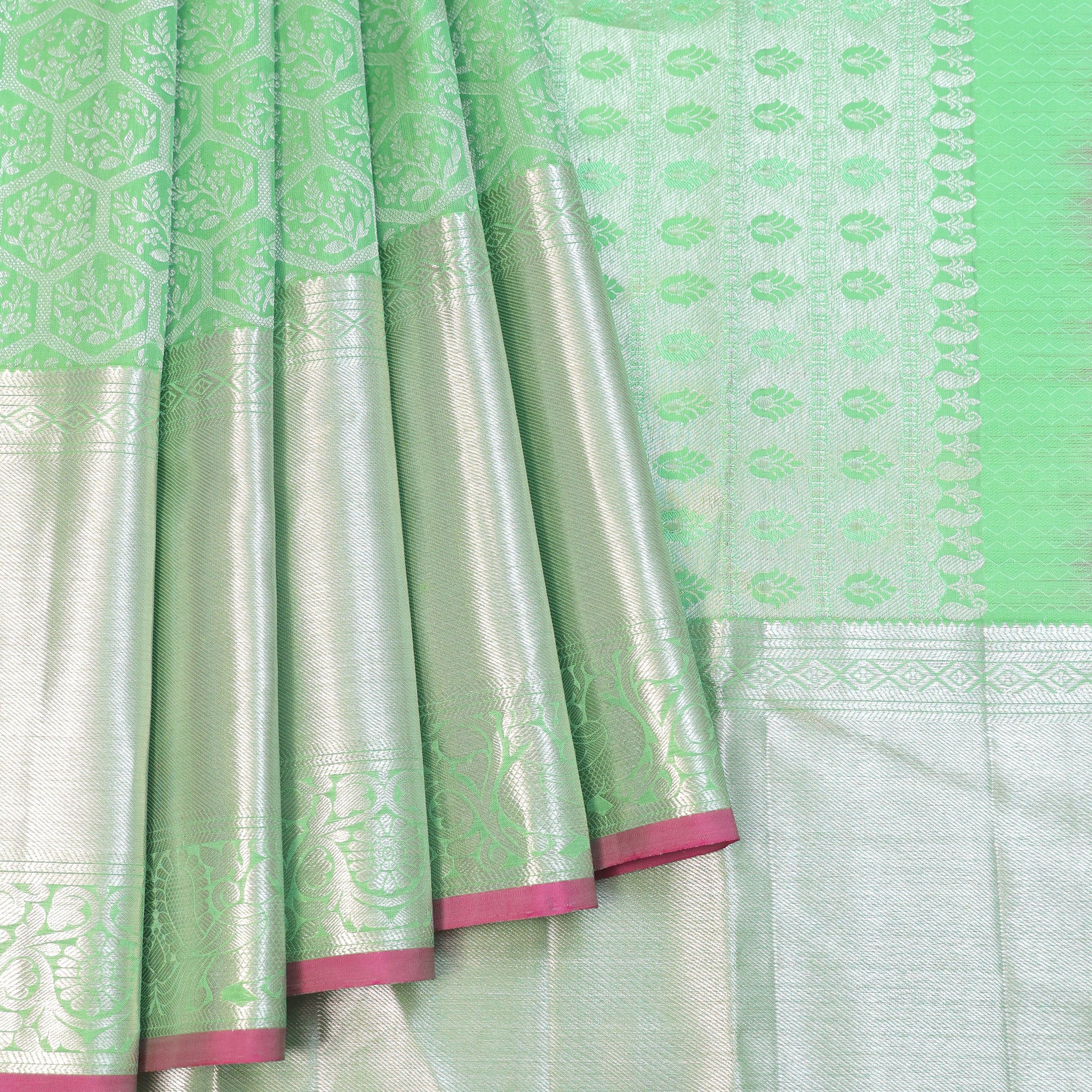Sea Green Kanchipuram Silk Saree with Silver Zari and Leaf Motifs
