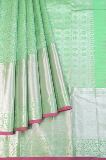 Sea Green Kanchipuram Silk Saree with Silver Zari and Leaf Motifs
