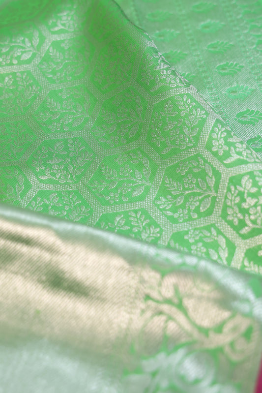 Sea Green Kanchipuram Silk Saree with Silver Zari and Leaf Motifs