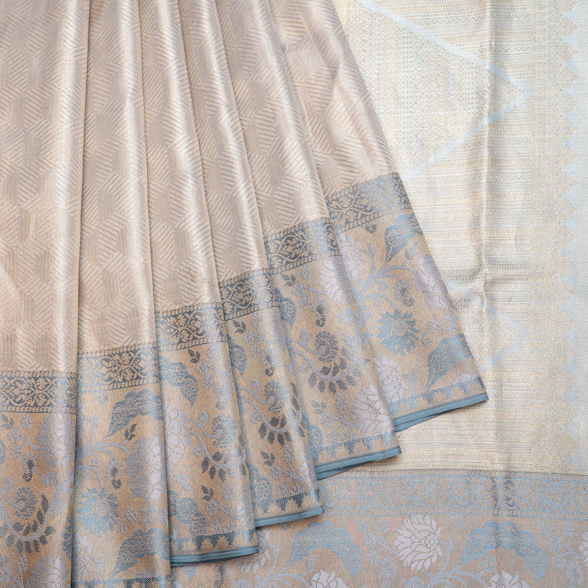 Silver Kanchipuram Silk Saree with Powder Blue Border