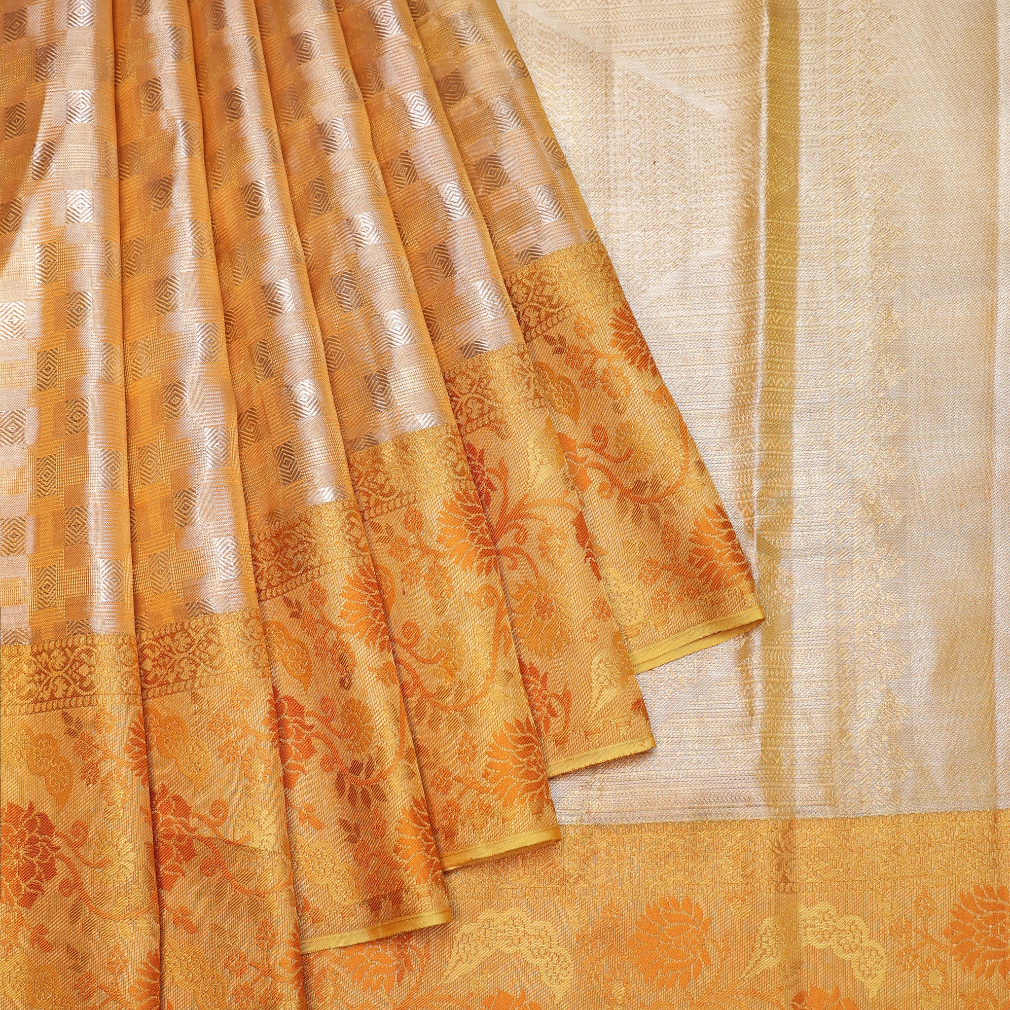 Sandal Kanchipuram Silk Saree with Mustard Floral Border