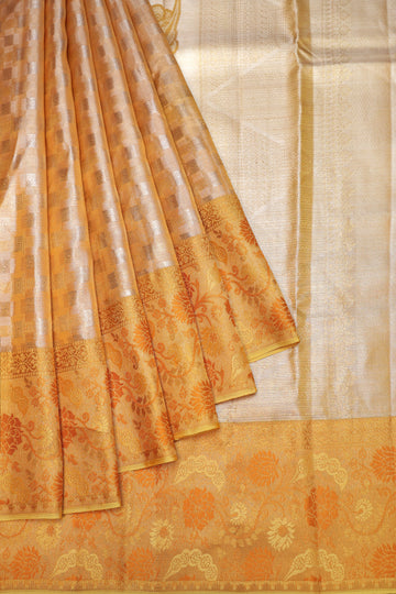 Sandal Kanchipuram Silk Saree with Mustard Floral Border