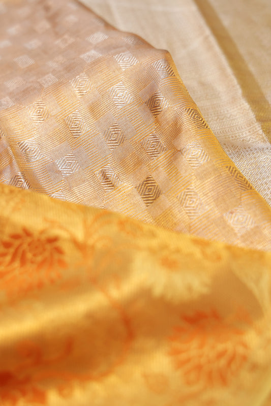 Sandal Kanchipuram Silk Saree with Mustard Floral Border