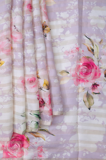 Lavender Floral Crepe Silk Saree