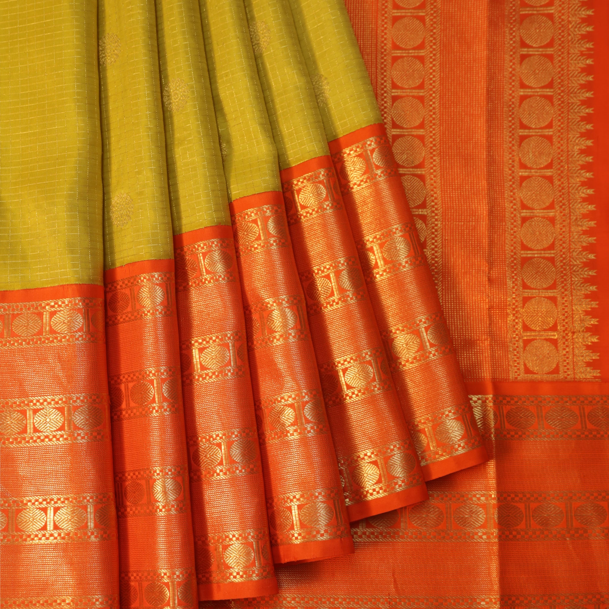 Kanchipuram Silk Saree in Mehendi Green with Orange Border