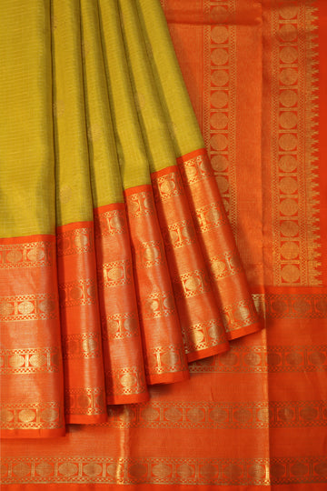 Kanchipuram Silk Saree in Mehendi Green with Orange Border