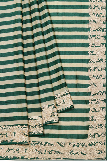 Cream Tussar Silk Saree with Stripe Design and Parsi Work