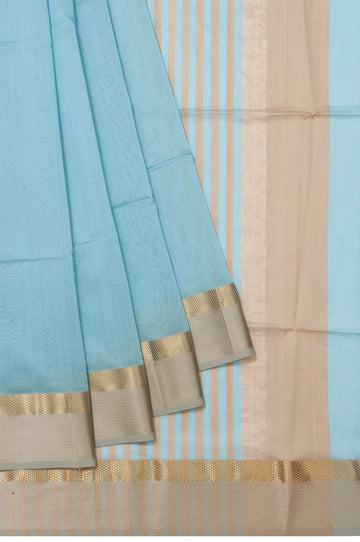 Plain Sky Blue Maheshwari Silk Saree with Sandal Pallu