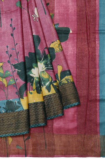 Onion Pink Tussar Silk Saree with Floral Printed Motifs and Peacock Blue Border