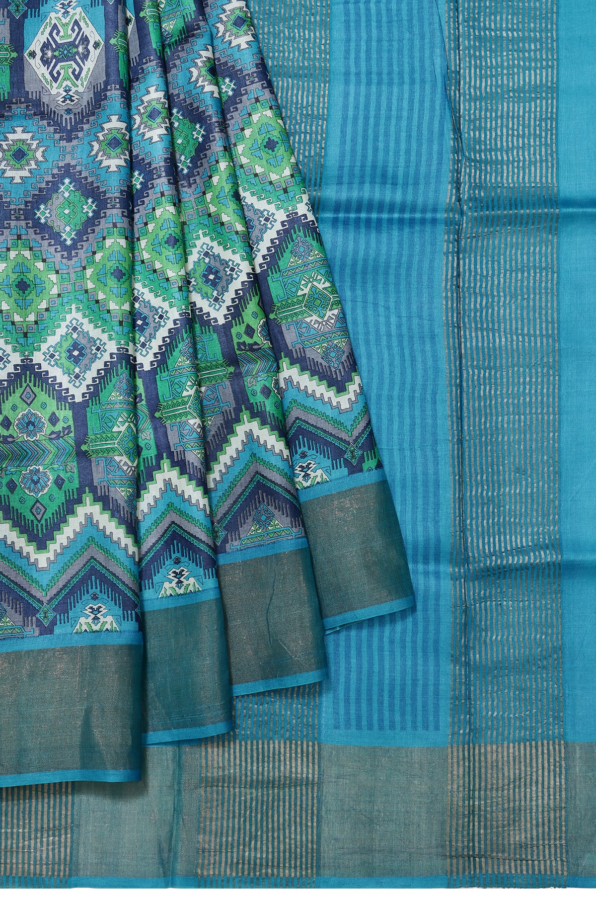 Multicoloured Tussar Silk Saree with Ikat Prints and Sky Blue Border