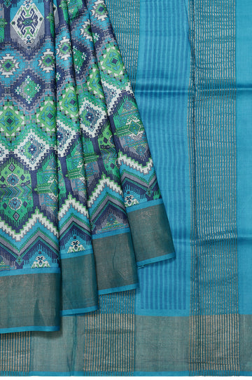 Multicoloured Tussar Silk Saree with Ikat Prints and Sky Blue Border