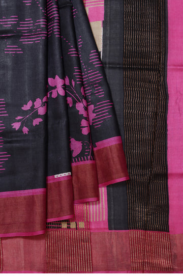 Black Tussar Silk Saree with Abstract Printed Design and Copper Zari