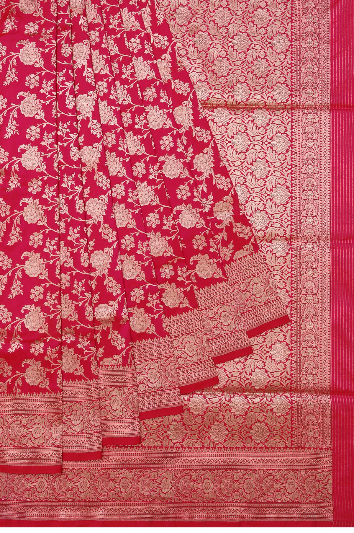 Pink Banaras Katan Saree with Intricate Floral Pattern and Gold Zari Border
