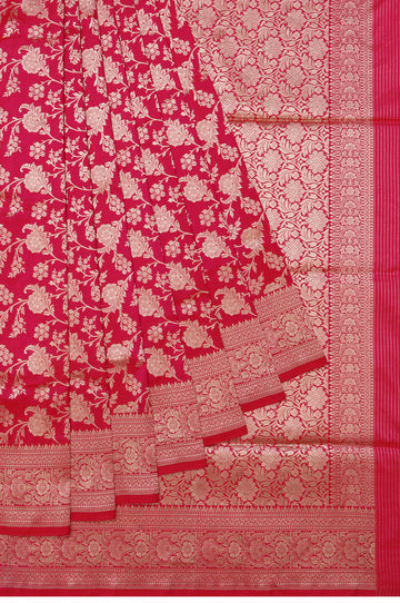 Pink Banaras Katan Saree with Intricate Floral Pattern and Gold Zari Border