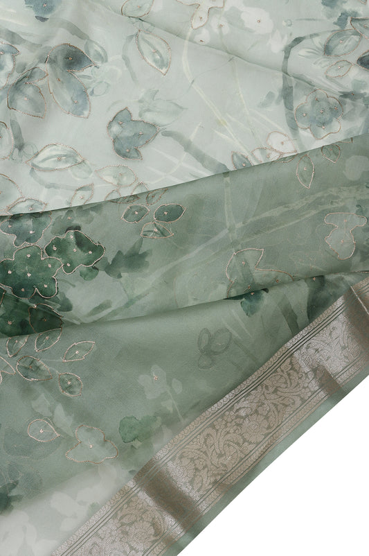 Sea Green Organza Saree with Floral Design and Thread Work