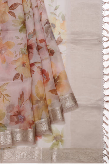 Peach Organza Saree with Printed Floral Motifs and Lavender Border