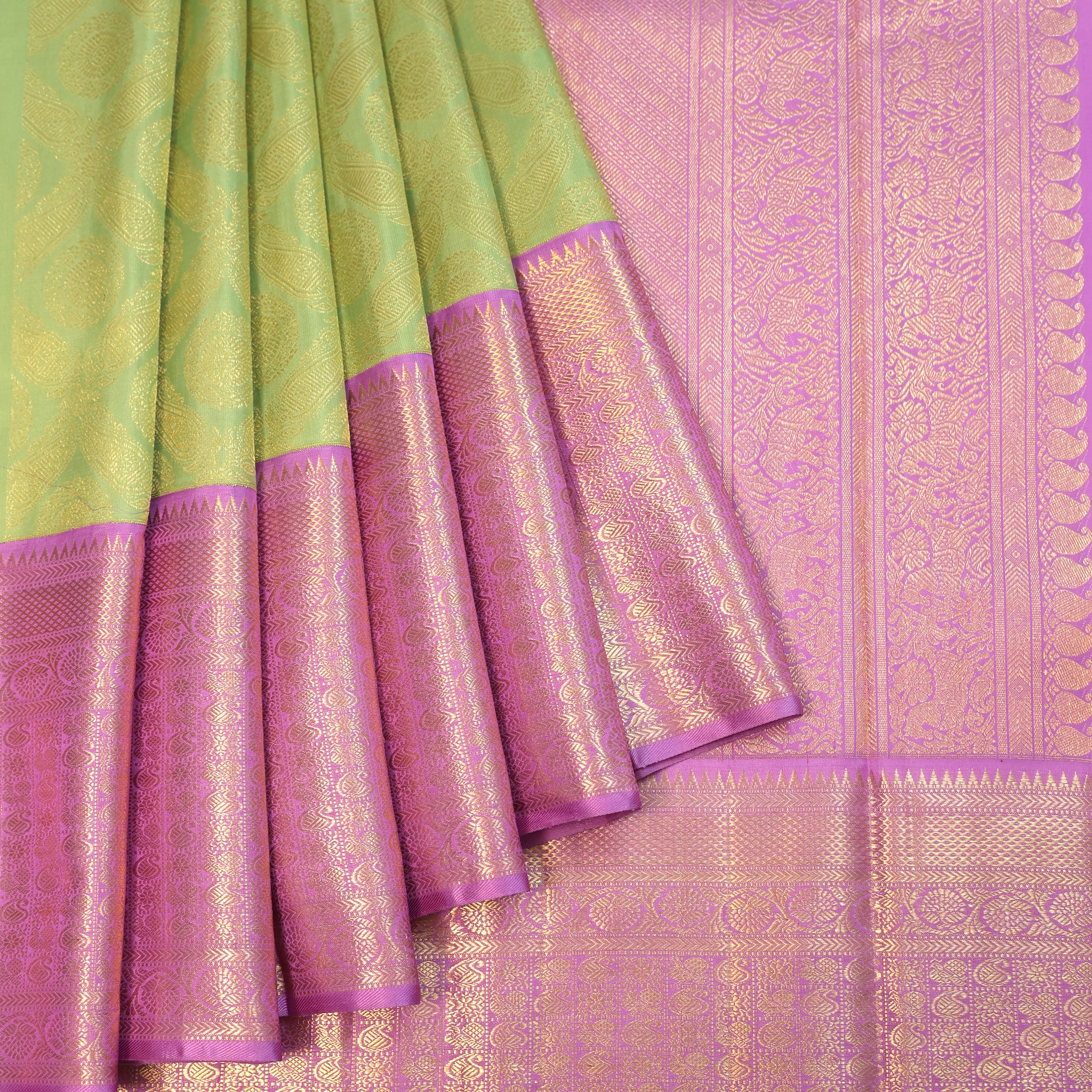 Parrot Green Kanchipuram Silk Saree with Lavender Border