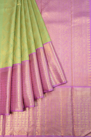 Parrot Green Kanchipuram Silk Saree with Lavender Border