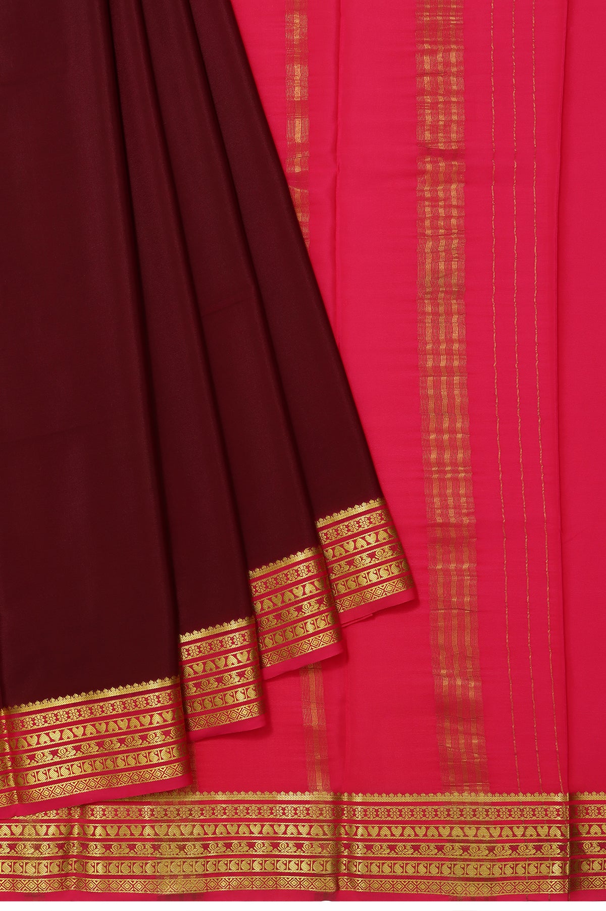 Plain Brown Mysore Silk Saree with Gold Zari and Pink Border