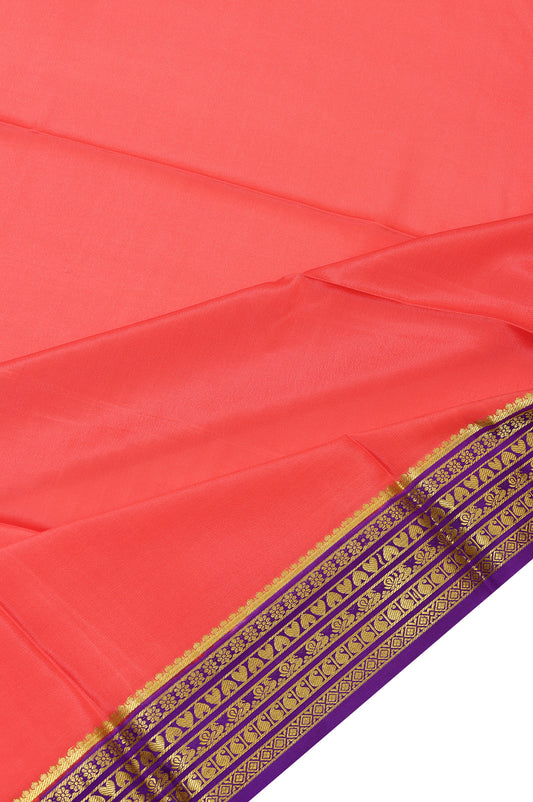 Peach Mysore Silk Saree with Royal Blue Border and Gold Zari Stripes