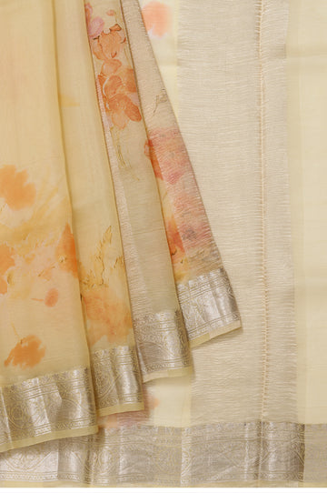 Sandal Organza Saree with Floral Detailing and Silver Zari