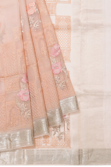 Peach Organza Saree with Embroidery and Silver Zari
