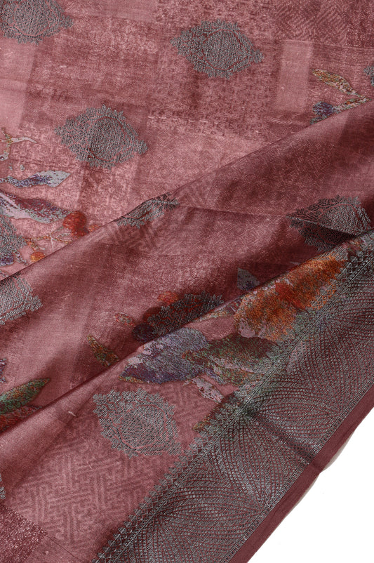 Brown Chiniya Silk Saree with Copper Zari and Floral Print