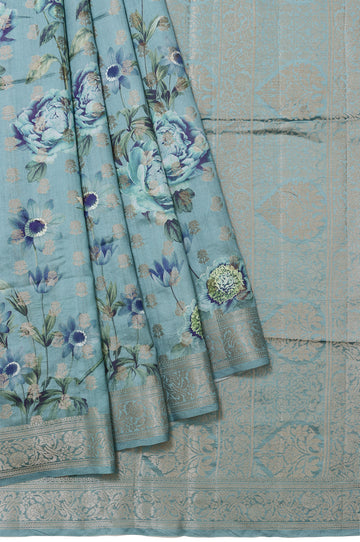 Peacock Blue Chiniya Silk Saree with Floral Motifs and Gold Zari