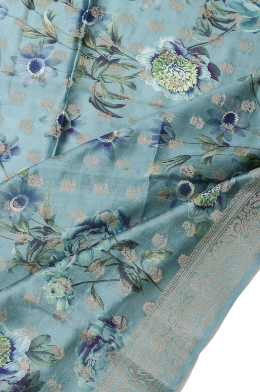 Peacock Blue Chiniya Silk Saree with Floral Motifs and Gold Zari