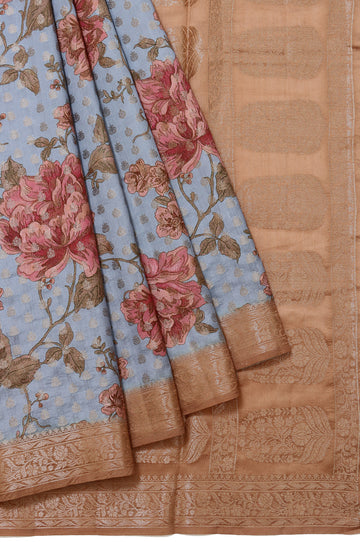 Peacock Blue Chiniya Silk Saree with Brown Pallu and Floral Design