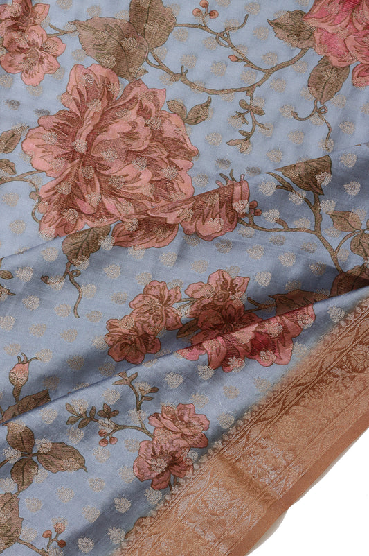 Peacock Blue Chiniya Silk Saree with Brown Pallu and Floral Design