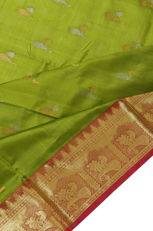 Parrot Green Venkatagiri Silk Saree with Brocade Design and Polka Dots