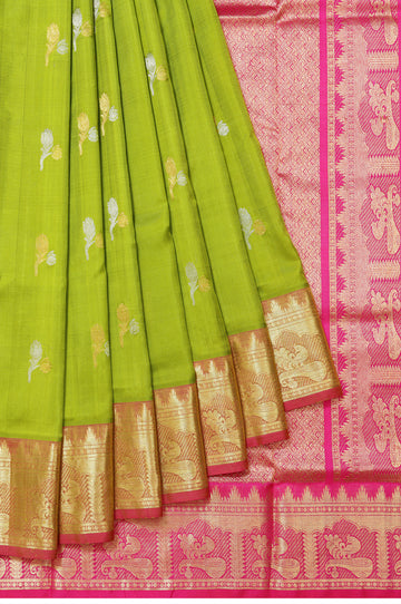 Parrot Green Venkatagiri Silk Saree with Brocade Design and Polka Dots